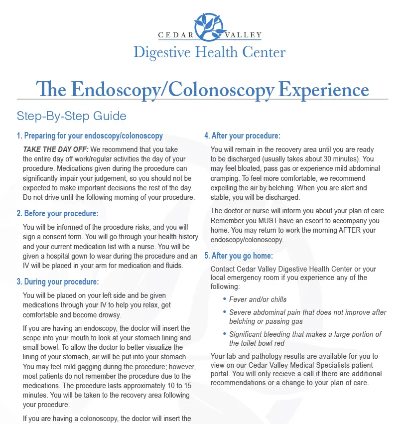 CVDH-Endoscopy-Colonoscopy-Procedure Colonoscopy Prep Instructions - Endoscopy/Colonoscopy Experience